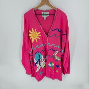 Quacker Factory 3X Pink Beach Scene Embroidered Cardigan Coastal Nautical